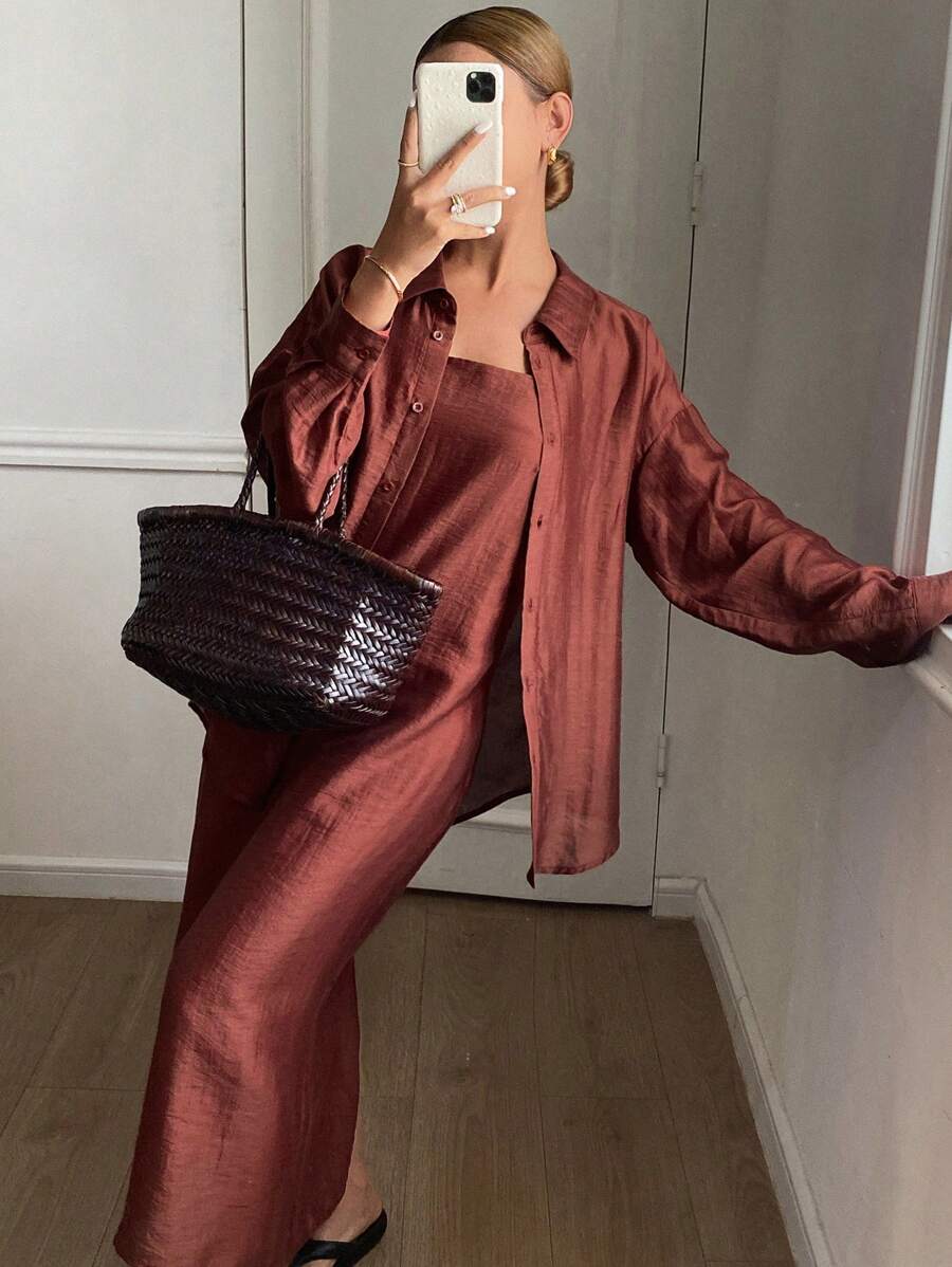 DAZY Ensemble 2 pièces chemise col femme couleur unie + robe - Rouge - Voir 1