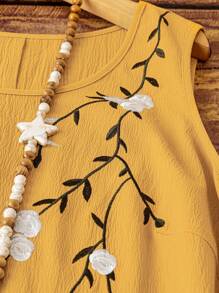 Vestido casual de talla grande para mujer con bordado y sin mangas para vacaciones - Amarillo - Ver 3