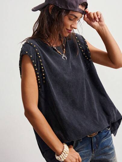 Bohemela 女式加大码纯色圆领串珠设计休闲T恤，夏季