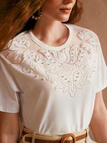 MOTF PREMIUM FAUX PEARL DETAIL EMBROIDERY T-SHIRT - White - View 2