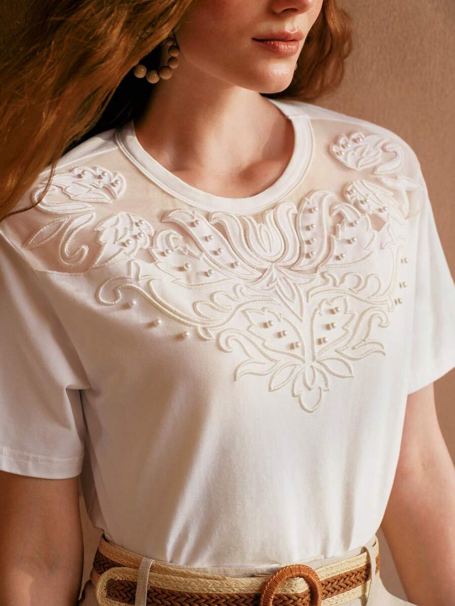 MOTF PREMIUM FAUX PEARL DETAIL EMBROIDERY T-SHIRT - White - View 2