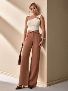CLARA VERO Tall Black Slit Waist Straight Pants - Brown - View 4