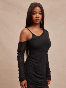 NYA SZN Robe à manches longues asymétrique avec épaules dénudées, en maille, pour occasions spéciales et événements. Robe midi sexy pour événements et rendez-vous pour femmes - Noir - Voir 5