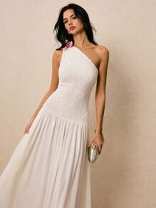Poéselle Women Elegant Solid Color One Shoulder Contrast Lace White Sleeveless Dress - Apricot - View 4