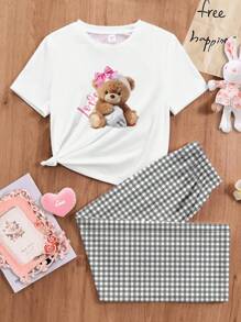 SHEIN 年轻女孩休闲基本款修身圆领短袖长裤家居服套装，夏季 - 白色 - 查看 4