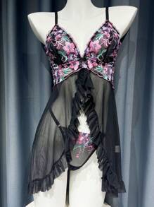 SHEIN Bộ 2 chiếc/Bộ váy ngủ thêu lưới gợi cảm cho nữ (Không dây, quần lót dây chữ G) - Nhiều màu - Xem 5