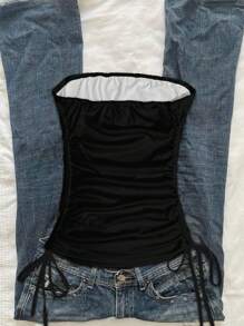Attitoon Top tubo casual con cordón lateral y decoración de strass, estilo vintage