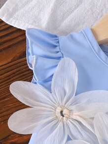 2025 Summer New Baby Girls Cute Solar System Flower Decor Sleeveless Top + Solid Color Shorts 2pcs Set - Baby Blue - View 7