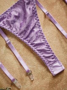 3pcs Vintage Romantic Jacquard Texture Cupless Sexy Lingerie Set, Lavender, Rave - Purple - View 8