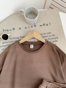 SHEIN LMoss Kids LMoss Tween Girl 纯色圆领短袖 T 恤和短裤套装 - 卡其色 - 查看 5