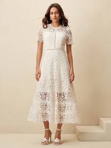 Anewsta Elegant Lace Splice Aesthetic Graceful Beige Short Sleeve Ruffled Panel Women Dress - Apricot - View 6