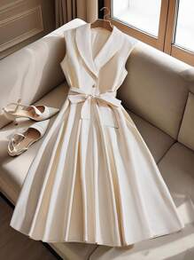 Franclia Apricot Elegant Lapel Waist Tie Decor Ladies Midi Dress - Apricot - View 6