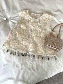 DAZY Blusa elegante estiva da donna in organza, con decorazioni in pizzo floreale 3D, trasparente, con frange all'orlo, senza maniche. Top corto da donna per uscire - Bianco - Visualizzare 8