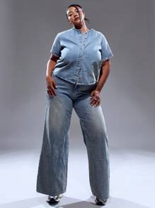 MUSERA Plus Size Women Low Rise Seam Detail Wide Leg Denim Jeans Summer Streetstyle Vacation Holiday 90's Y2k Cute Casual City Muse