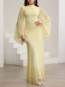 Veilorie Yellow Oil Cream Yellow Oblique Neck, Ruched, Asymmetric, Pale Yellow Asymmetrical Hem, Bell Sleeve, Elegant Dress Light Yellow Dress Women Yellow Maxi Dress - Yellow - View 5