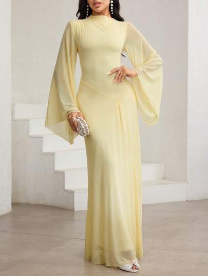 Veilorie Yellow Oil Cream Yellow Oblique Neck, Ruched, Asymmetric, Pale Yellow Asymmetrical Hem, Bell Sleeve, Elegant Dress Light Yellow Dress Women Yellow Maxi Dress