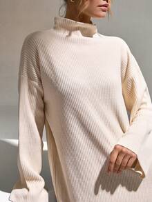 EURMUSE Áo len dệt kim xẻ tà cổ tròn tay loe có gân thanh lịch dành cho nữ phong cách sang trọng - Màu be - Xem 6