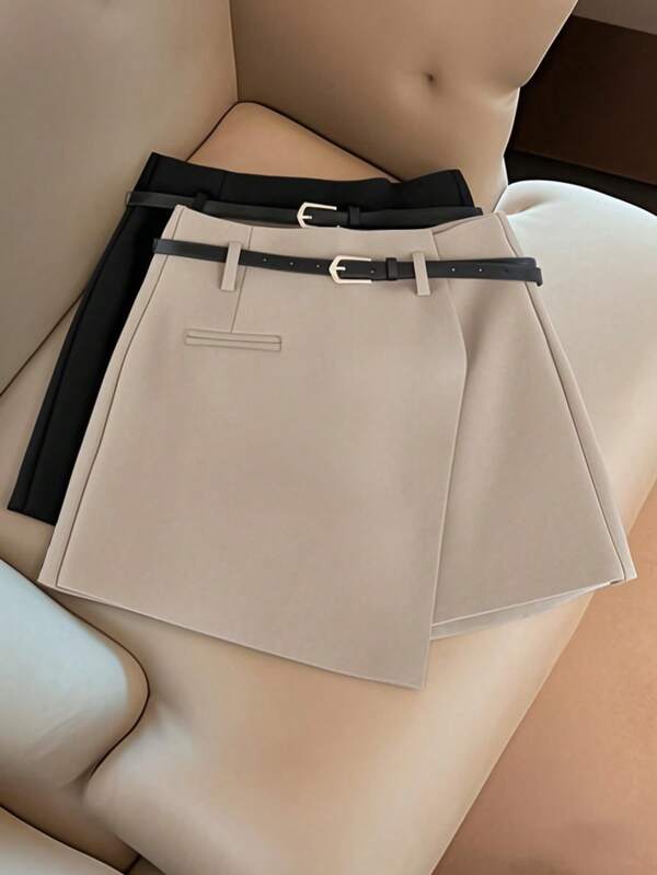 Franclia Women's Asymmetrical Hem Skirt, Cool Design Women's Khaki Fashion Versatile Shorts