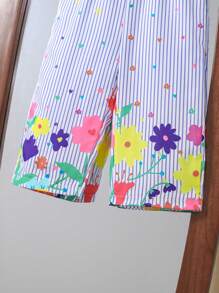 Baby Girls Summer Casual Vacation Chiffon Striped Floral Print Sleeveless Jumpsuit - Blue - View 6
