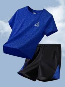 SHEIN Tween Boys Contrast Color Block T-Shirt & Shorts 2Pcs Sports Set - Royal Blue - View 1