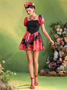 Frida Kahlo X SHEIN X Designer The Perfect Party Vestido mini lindo de manga corta abullonada con estampado floral para mujer, atuendo de vacaciones de verano