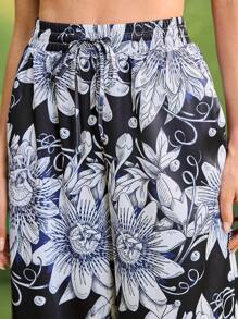 Frida Kahlo X SHEIN X Designer Oxana Black Floral Print Elastic Waistband Wide Leg Pants For Women Summer Vacation Holiday