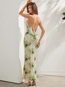 L'Amorae 女士水彩花卉印花网眼针织长款美人鱼连衣裙，背部交叉细节 - 彩色 - 查看 1