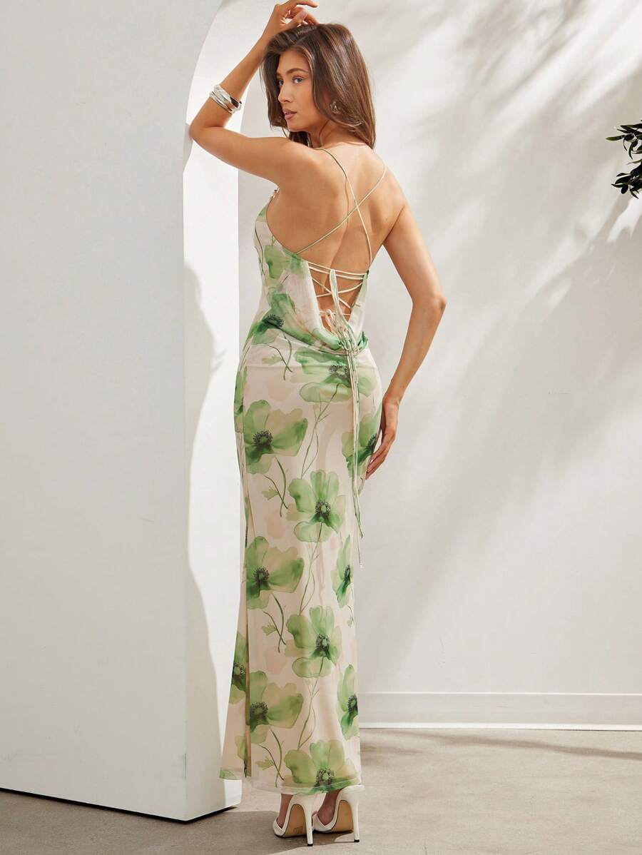 L'Amorae 女士水彩花卉印花网眼针织长款美人鱼连衣裙，背部交叉细节 - 彩色 - 查看 1