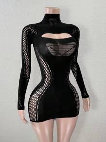 Mistrie Fashionable Sexy Solid Color Hollow Out Fitted Mini Dress Fall Cloth For Women - Black - View 5