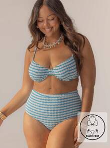 Aralina Conjunto de bikini con aros, cintura alta y rayas lindas y curvas con bolsa de natación para vacaciones y 4 de julio, perfecto para outfits de verano y días de playa