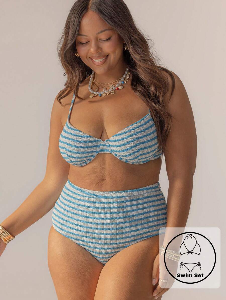 Aralina Conjunto de bikini con aros, cintura alta y rayas lindas y curvas con bolsa de natación para vacaciones y 4 de julio, perfecto para outfits de verano y días de playa
