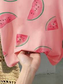 Watermelon Print Crop Tee, Casual & Breathable For Summer - Pink - View 6