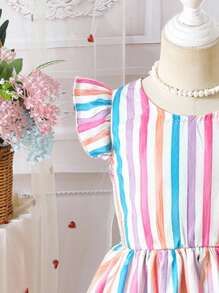 Vestidos de niñas jóvenes con estampado tropical de plantas y lacitos, vestido de vacaciones adecuado para la escuela y excursiones - Multicolor - Ver 5