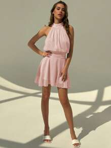 Aloruh Women Elegant Solid Color Halter Mini Dress, Summer - Baby Pink - View 7