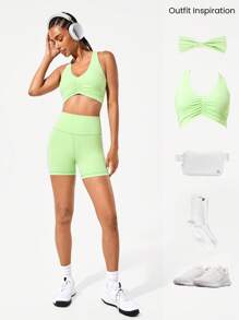 GLOWMODE 4.3" FeatherFit™ High-Rise Waist Shorts With Built-In Shorts Non-Slip Grips Low Impact Yoga Pilates Studio Daily Casual Wear - Green - View 7