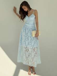 Aloruh Vestido con tirantes de espagueti romántico con pliegues texturizados para damas, apto para vacaciones/días festivos - Rosa - Ver 7