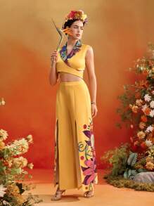 Frida Kahlo X SHEIN X Designer Israel Jasso Pantaloni a gamba ampia con stampa floreale posizionata, fessura sexy aperta, adatti per le vacanze estive