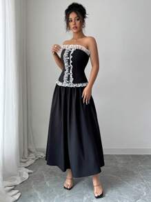 Elenzga Women's Elegant Ruffle Trim Colorblock Vintage Luxurious Bandeau Waisted Dress, Suitable For Music Festival, Graduation, Race, Shopping, Date, Party And Other Occasions