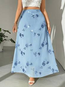 Firerie Falda de talla grande para mujeres con dobladillo fluido y bordado floral elegante