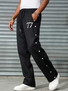 Manfinity EMRG 2025 新款男士纽扣印花宽松直筒裤，Y2K 街头风格，送给男朋友/丈夫的礼物 - 黑色 - 查看 6