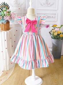 Vestidos de niñas jóvenes con estampado tropical de plantas y lacitos, vestido de vacaciones adecuado para la escuela y excursiones - Multicolor - Ver 2