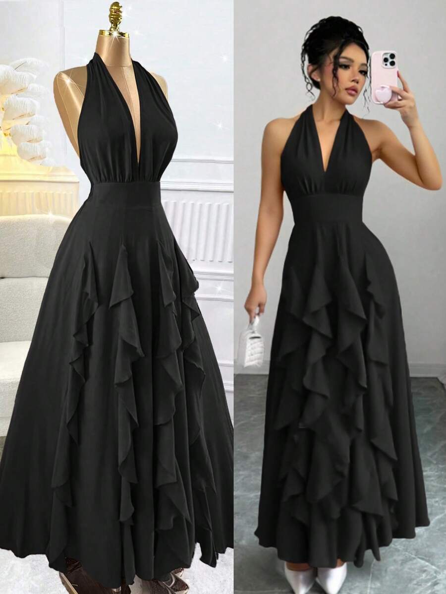 Rafferiza Women Red Boho Romantic Elegant Wedding Guest Graduation Birthday Dresses Evening Beach Sun Dress Western Wear Concert Outfit Holiday Travel V-Neck 2025 Spring And Summer New Loose Casual Halter Random Free Straps Original Design Multi-Layered Ruffled Bow Long Maxi Dress - Black - View 1