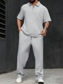 Manfinity Homme Conjunto de camisa polo de manga corta y pantalones cortos de unicolor informal para hombres de talla grande - Gris - Ver 3