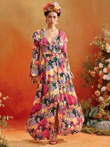 Redefinition Frida Kahlo X SHEIN X Designer 花卉图案 V 领荷叶边泡泡袖长袖纽扣 A 字形飘逸长裙夏季度假 - 彩色 - 查看 8