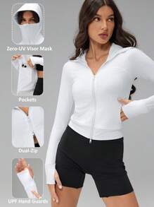 SHEIN Tall Women Solid Color Zip-Up Hooded Slim Fit Breathable Casual Long Sleeve Outdoor Sunscreen Hooded Jacket Sun Uv Protection Jacket,For Daily Wear - White - View 1