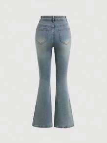 SHEIN Girlism Teen Girls' Solid Color Simple Daily Flared Jeans Trousers