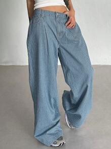 DAZY 女式蓝白条纹宽松休闲牛仔裤，夏季，返校服装 - 藍色 - 查看 1