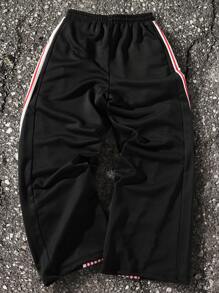 Manfinity EMRG Men's Letter And Striped Drawstring Waist Wide Leg Loose Casual Sweatpants - Black - View 2
