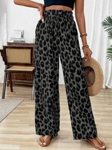 EMERY ROSE Leopard Print Paper Bag Waist Casual Wide Leg Pants Fall Cloth For Women - Grey - View 4