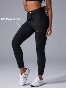 Menodora SHEIN Sport Celana Legging Rajut Musim Panas Warna Polos Kasual Anti-UV Movishi untuk Wanita - Hitam - View 3